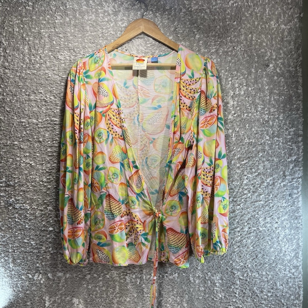 Farm Rio Wrap Blouse Womens L Rainforest Print Colorful Summery‎ Fairy Preppy
